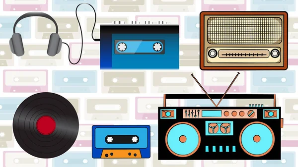 Zbiór Starych Technologii Muzyki Retro Hipster Elektronika Kaseta Magnetofonowa Słuchawki — Wektor stockowy