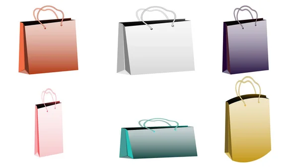 Conjunto Seis Bolsas Papel Granel Realistas Multicolores Para Compras Diferentes — Vector de stock