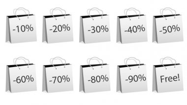 Bir küme on ip kolları ve 10, 20, 30, 40, 50, 60, 70, 80, %90 indirimler ile alışveriş için gerçekçi toplu kağıt çanta gri ve beyaz bir arka plan üzerinde ücretsiz. Vektör çizim