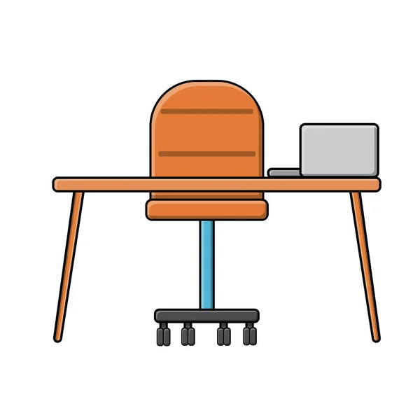 Een grote comfortabele werkplek in een kantoor in een kantoor met een bruine lederen fauteuil met rugleuning op wielen, een houten tafel en een witte laptop op een witte achtergrond. Vectorillustratie — Stockvector