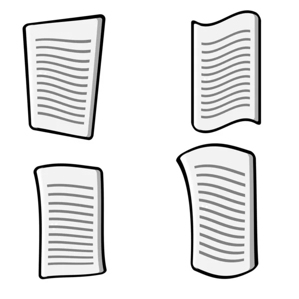 Uppsättning av fyra vita pappersark av olika former, dokument med abstrakta rader av text isolerad på en vit bakgrund. Vektorillustration — Stock vektor