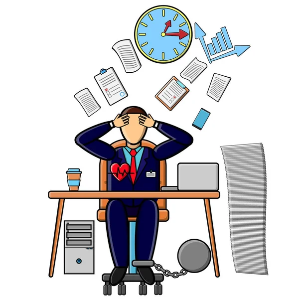 Un trabajador de oficina masculino con traje en una butaca en una mesa con un ordenador y un reloj en la oficina está experimentando estrés y un agotamiento emocional en el trabajo. Concepto: esclavitud moderna. Ilustración de vectores — Vector de stock