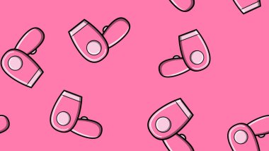 Pembe arka planda saç kurutmak için pürüzsüz desenli el kurutma makinesi, kızlar için hava üfleme ve iyonlaşma modu, barbekü, oyuncak bebek saç kurutma makinesi, duvar kağıdı çizimleri. Vektör illüstrasyonu