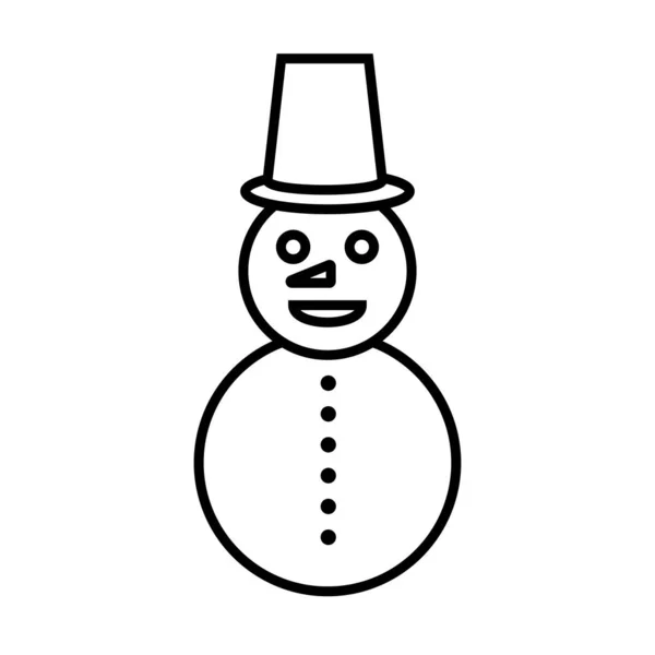 Blanco y negro pequeño icono lineal simple de un hermoso muñeco de nieve navideño festivo con un cubo en la cabeza sobre un fondo blanco. Ilustración vectorial — Vector de stock