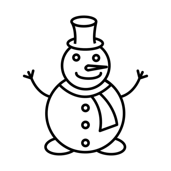 Blanco y negro pequeño icono lineal simple de un hermoso muñeco de nieve navideño festivo con un cilindro en la cabeza y en una bufanda sobre un fondo blanco. Ilustración vectorial — Vector de stock