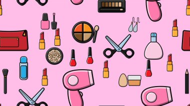 Endless seamless pattern of beautiful beauty items of female glamorous fashionable powders, lipsticks, varnishes, creams, cosmetics on a pink background. Vector illustration