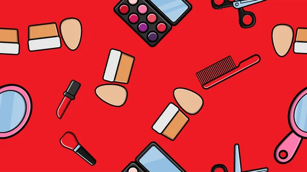 Endless seamless pattern of beautiful beauty items of female glamorous fashionable powders, lipsticks, varnishes, creams, cosmetics on a red background. Vector illustration — Stok Vektör