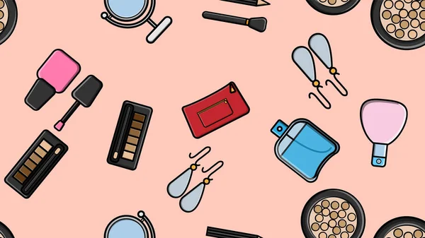 Endless seamless pattern of beautiful beauty items of female glamorous fashionable powders, lipsticks, varnishes, creams, cosmetics on a pink background. Vector illustration — Stok Vektör