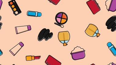Endless seamless pattern of beautiful beauty items of female glamorous fashionable powders, lipsticks, varnishes, creams, cosmetics on a pink background. Vector illustration