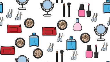 Endless seamless pattern of beautiful beauty items of female glamorous fashionable powders, lipsticks, varnishes, creams, cosmetics on a white background. Vector illustration