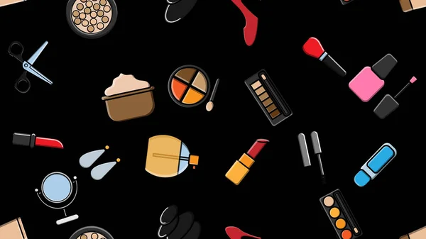 Modèle sans fin sans couture de beaux articles de beauté de poudres à la mode glamour féminin, rouges à lèvres, vernis, crèmes, cosmétiques sur un fond noir. Illustration vectorielle — Image vectorielle