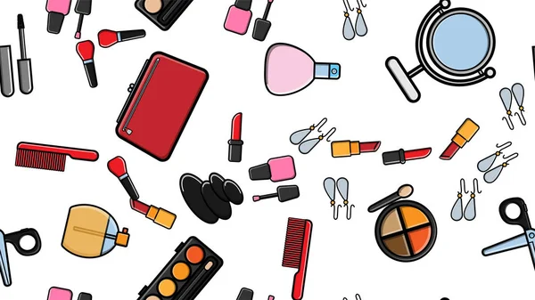 Endless seamless pattern of beautiful beauty items of female glamorous fashionable powders, lipsticks, varnishes, creams, cosmetics on a white background. Vector illustration — Stok Vektör