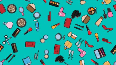 Endless seamless pattern of beautiful beauty items of female glamorous fashionable powders, lipsticks, varnishes, creams, cosmetics on a blue background. Vector illustration