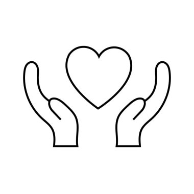 Black and white linear simple icon of a beautiful heart in hands for the holiday of love on Valentine's Day or March 8. Vector illustration