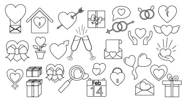 A set of large black and white linear simple icons of beautiful hearts, gifts, envelopes, love items for the feast of love Valentine's Day February 14 or March 8. Vector illustration