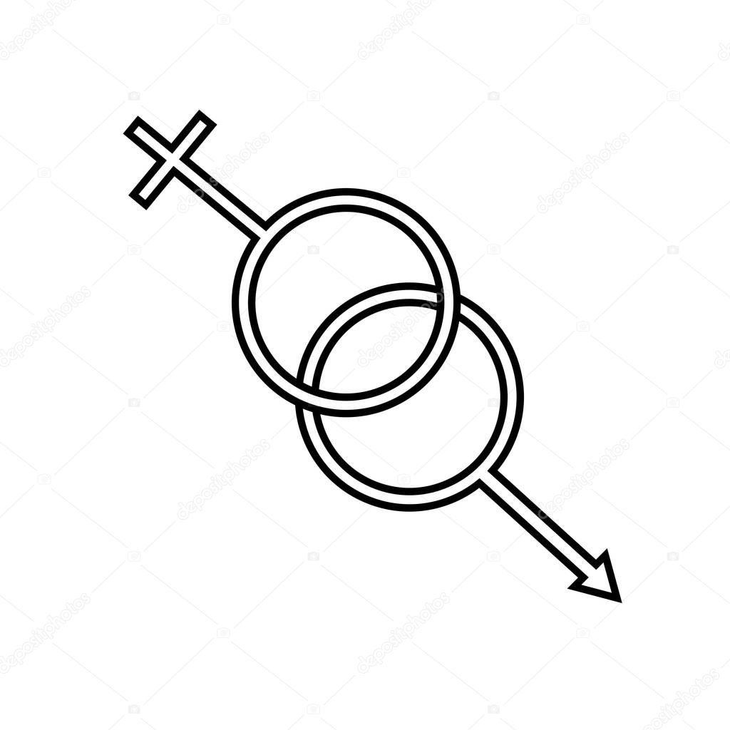 Black and white linear simple icon beautiful symbols of the astronomical man and woman of Mars and Venus for the feast of love on Valentine's Day or March 8. Vector illustration