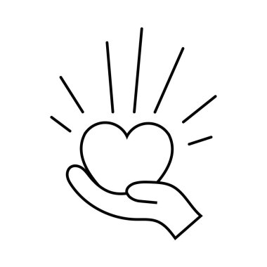 Black and white linear simple icon of a beautiful heart in hands for the holiday of love on Valentine's Day or March 8. Vector illustration