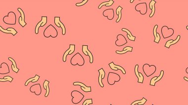 Ellerin ve kalplerin düz simgelerinden kopmuş sonsuz desen. 14 Şubat ya da 8 Mart 'ta pembe bir arka planda sevgililer günü tatili için aşk öğeleri. Vektör illüstrasyonu