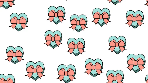 Textura patrón sin costuras de iconos planos de cajas en forma de corazones con arcos, artículos de amor para la fiesta del amor Día de San Valentín 14 de febrero o 8 de marzo sobre un fondo blanco — Vector de stock