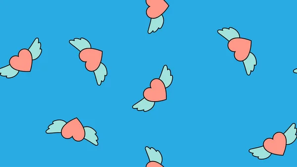 Texture endless seamless pattern from flat icons of hearts with wings, love items for the holiday of love Valentine's Day February 14 or March 8 on a blue background. Vector illustration — Stock vektor