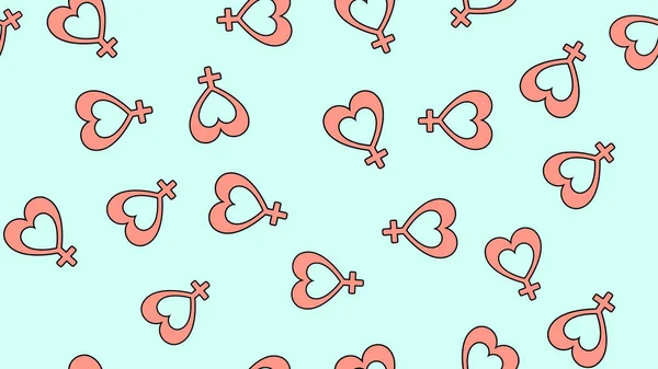 Textura patrón sin costuras de iconos planos de corazones con el signo de una mujer, artículos de amor para la fiesta del amor Día de San Valentín 14 de febrero o 8 de marzo sobre un fondo azul. Ilustración vectorial — Vector de stock