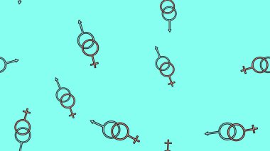 Texture endless seamless pattern from flat icons of gender signs of man and woman, love items for the holiday of love Valentine's Day on February 14 or March 8 on a blue background. Vector 