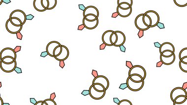 Texture endless seamless pattern of flat icons of gold wedding rings with diamonds, love items for the holiday of love Valentine's Day on February 14 or March 8 on a white background. Vector 