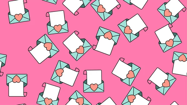 Textuur naadloos patroon van platte pictogrammen van post enveloppen met harten, liefde items voor de vakantie van de liefde Valentijnsdag op 14 februari of 8 maart op een roze achtergrond. Vectorillustratie — Stockvector