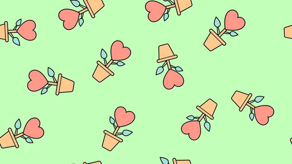 Texture seamless pattern of flat flower icons with hearts, love items for the holiday of love Valentine's Day February 14 or March 8 on a green background. Vector illustration — 스톡 벡터