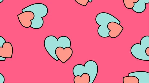 Textura patrón sin costuras de iconos planos de corazones, artículos de amor para la fiesta del amor Día de San Valentín 14 de febrero o 8 de marzo sobre un fondo rosa. Ilustración vectorial — Vector de stock