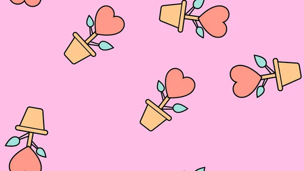 Textura patrón sin costuras de iconos de flores planas con corazones, artículos de amor para la fiesta del amor Día de San Valentín 14 de febrero o 8 de marzo sobre un fondo rosa. Ilustración vectorial — Vector de stock