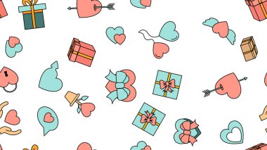 14 Şubat ya da 8 Mart 'ta beyaz bir arkaplanda sevgililer günü için hediye ve kalp içeren bir dizi aşk eşyasının kusursuz dokusu. Vektör illüstrasyonu