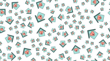 14 Şubat ya da 8 Mart 'ta beyaz bir arkaplanda sevgililer günü ziyafeti için aşk objelerinden kalpler taşıyan düz ev ikonlarının sonu gelmez desenleri. Vektör illüstrasyonu