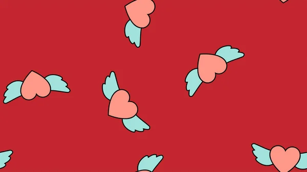 Texture endless seamless pattern from flat icons of hearts with wings, love items for the holiday of love Valentine's Day February 14 or March 8 on a red background. Vector illustration — 스톡 벡터