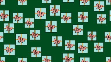 Hediye kutularının düz simgelerinden kopmuş kusursuz desenler. 14 Şubat veya 8 Mart 'ta yeşil bir arkaplanda Sevgililer Günü tatili için sevilen eşyalar. Vektör illüstrasyonu