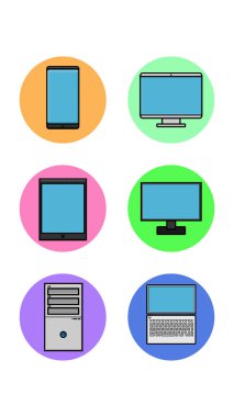 Modern bilgisayar teknolojisi ve elektronik bilgisayar akıllı telefon tablet dizüstü bilgisayarı ile beyaz arka planda çağdaş olmak üzere altı adet yuvarlak simge. Vektör illüstrasyonu