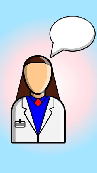 グラデーションのピンクブルーの背景に白いコートを着た女性の専門医と言葉の雲が話し、医療診断を行います。ベクターイラスト — ストックベクタ