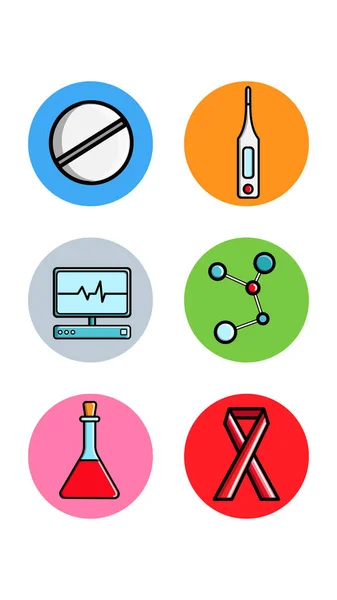 Set van zes ronde pictogrammen voor actuele met medische farmacologische proefpersonen tablet thermometer molecuul monitor fles op een witte achtergrond. Vectorillustratie — Stockvector