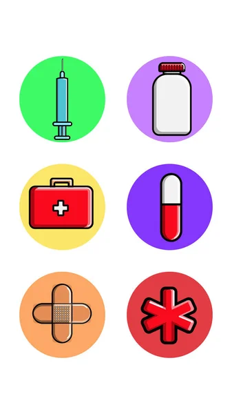 Een set van zes ronde pictogrammen voor actuele medische farmacologische onderwerpen, een pot pillen en medicijnen, een spuit EHBO-doos en een pleister op een witte achtergrond. Vectorillustratie — Stockvector