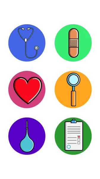 Conjunto de seis ícones redondos para tópicos com objetos farmacológicos médicos espetoscópio cardíaco amplificador de banda-aid documento enema em um fundo branco. Ilustração vetorial —  Vetores de Stock