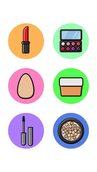 Zestaw sześciu okrągłych ikon dla trendów z elementami mody z branży kosmetycznej puder szminka proszek krem gąbka i tusz do rzęs na białym tle. Ilustracja wektora — Wektor stockowy