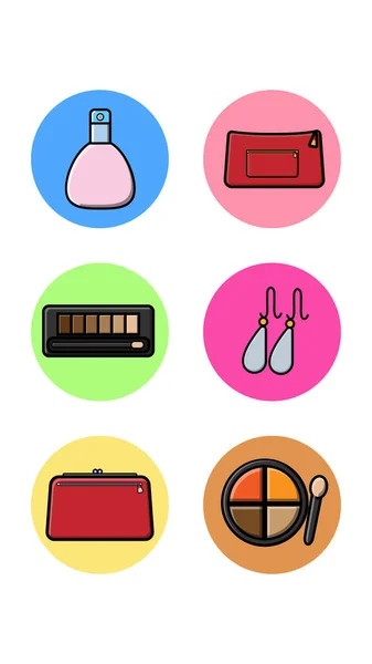 Un conjunto de seis iconos redondos para la moda con artículos de moda de la industria de la belleza perfumería bolsa de cosméticos bolso de embrague pendientes de la caja de polvo sobre un fondo blanco. Ilustración vectorial — Vector de stock