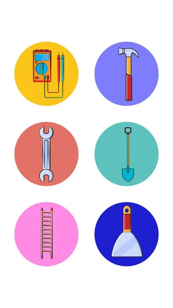 En uppsättning av sex runda ikoner för den nuvarande med olika byggverktyg för reparation av en testare hammare skiftnyckel spade stege spackel kniv på en vit bakgrund. Vektorillustration — Stock vektor