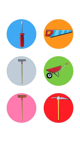 Conjunto de seis ícones redondos para o atual com diferentes ferramentas de construção para reparar uma chave de fenda viu uma picareta de escova de carrinho de ancinho em um fundo branco. Ilustração vetorial — Vetor de Stock