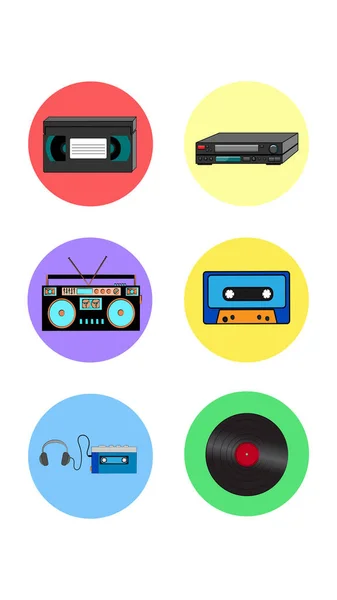 A set of six round icons for the current old antique retro electronics technology video recorder and cassette music center audio player and vinyl record on a white background. Vector illustration — Stock Vector