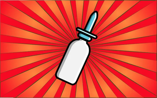 Médecine pharmacologique blanche gouttes de guérison pour le nez, spray, un médicament contre le rhume pour les soins de santé sur un fond de rayons rouges abstraits. Illustration vectorielle — Image vectorielle