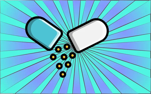 Medizin pharmakologische blaue und weiße ovale Kapsel Heilung Pille, Medizin für das Gesundheitswesen auf einem Hintergrund von abstrakten blauen Strahlen. Vektorillustration — Stockvektor