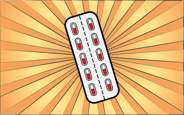 Medicamentos médicos farmacológicos rojos y blancos, blister para tabletas y pastillas para la atención de la salud sobre un fondo de rayos amarillos abstractos. Ilustración vectorial — Archivo Imágenes Vectoriales