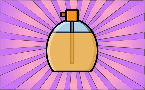Belleza glamoroso perfume amarillo en una botella de vidrio para la guía de belleza sobre un fondo de rayos púrpura abstractos. Ilustración vectorial — Vector de stock