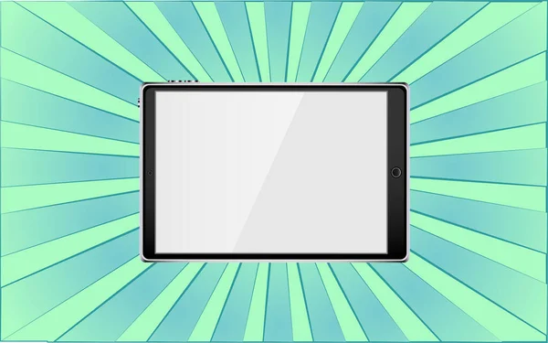 Tableta móvil digital moderna sobre un fondo de rayos azules abstractos. Ilustración vectorial — Vector de stock